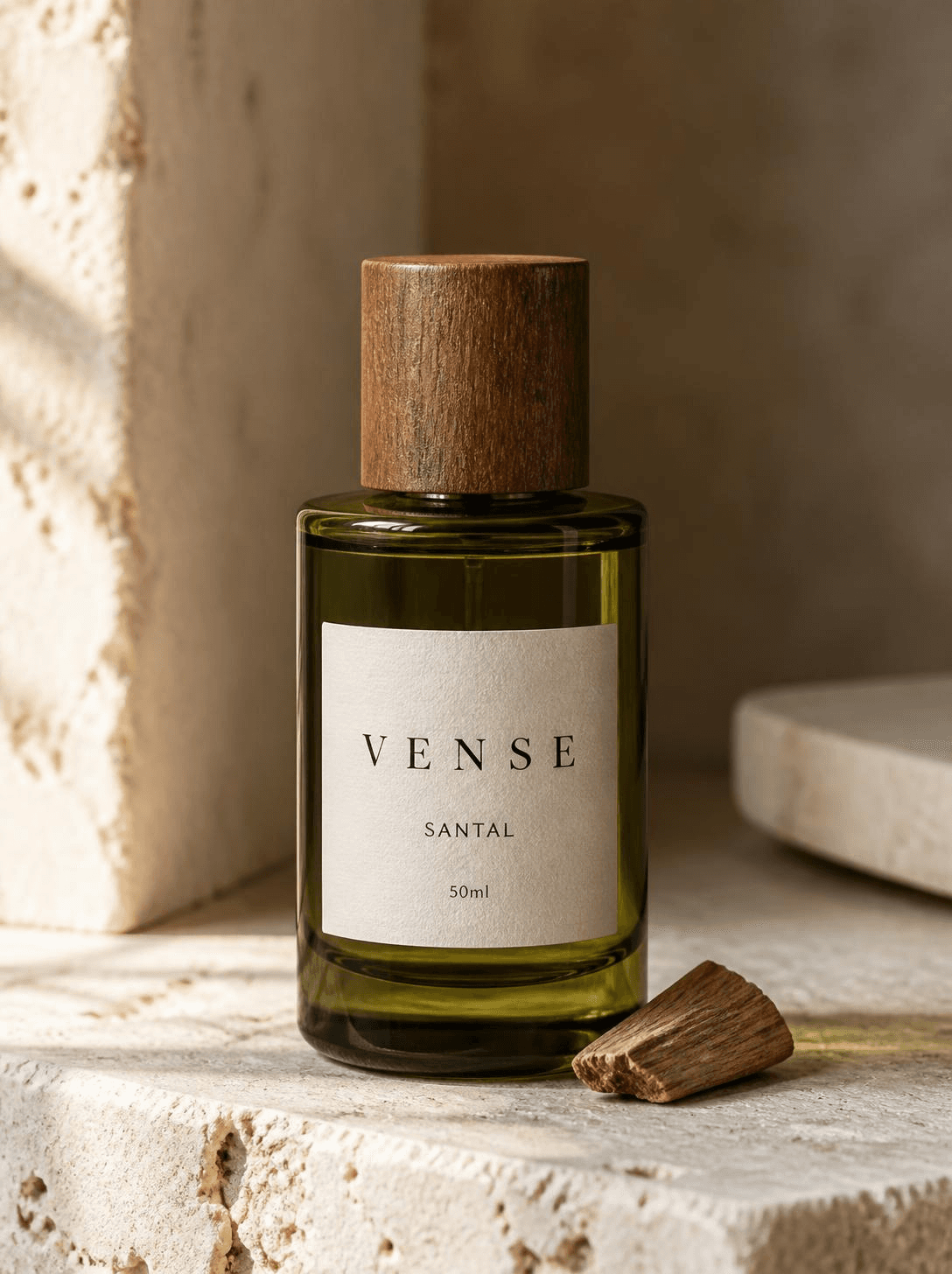 VENSE Santal Vetiver eau de parfum, olive-green glass bottle