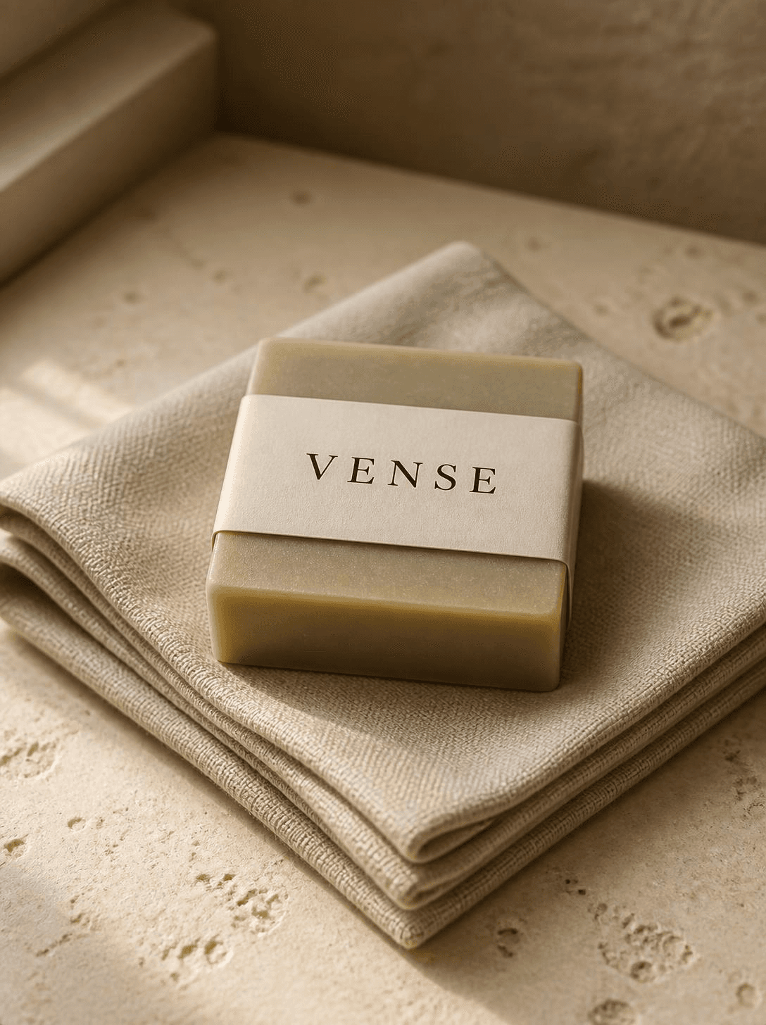VENSE olive oil soap bar on linen