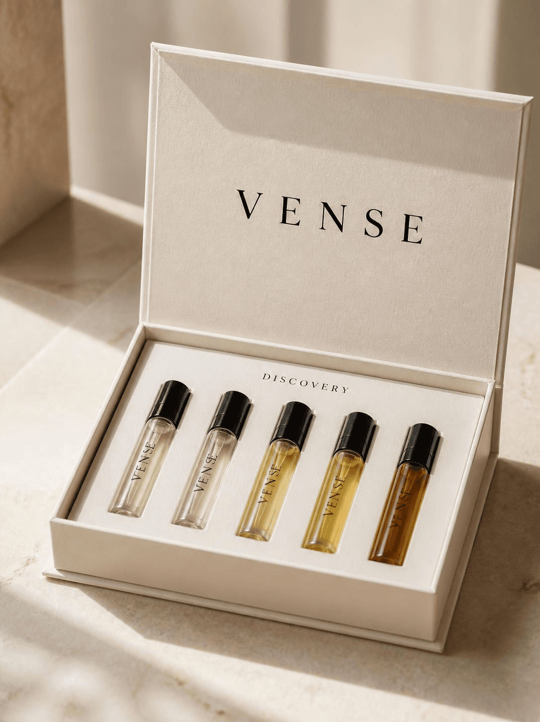 VENSE Discovery set, five mini vials in a cream box