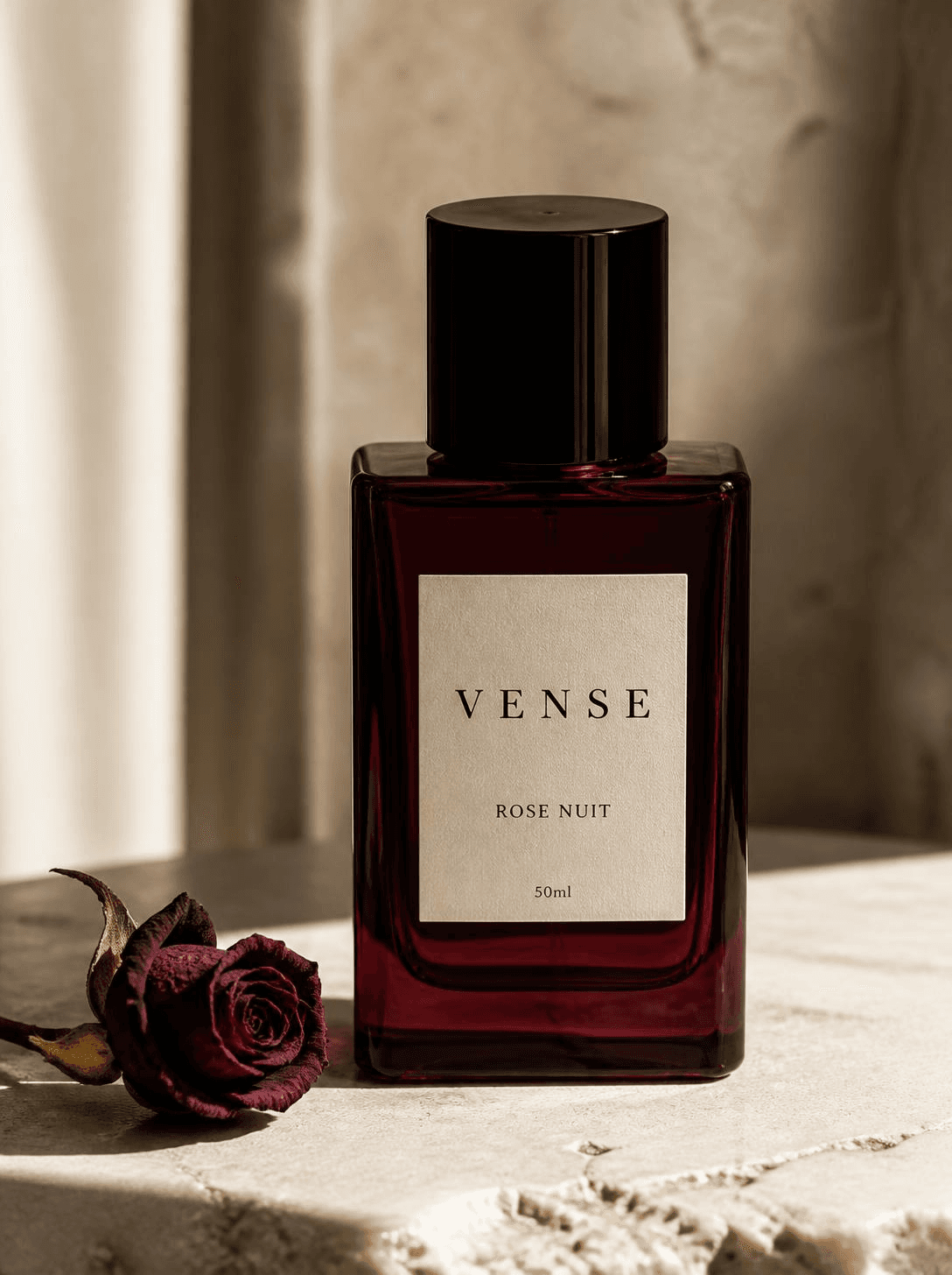 VENSE Rose Nuit eau de parfum, burgundy glass bottle