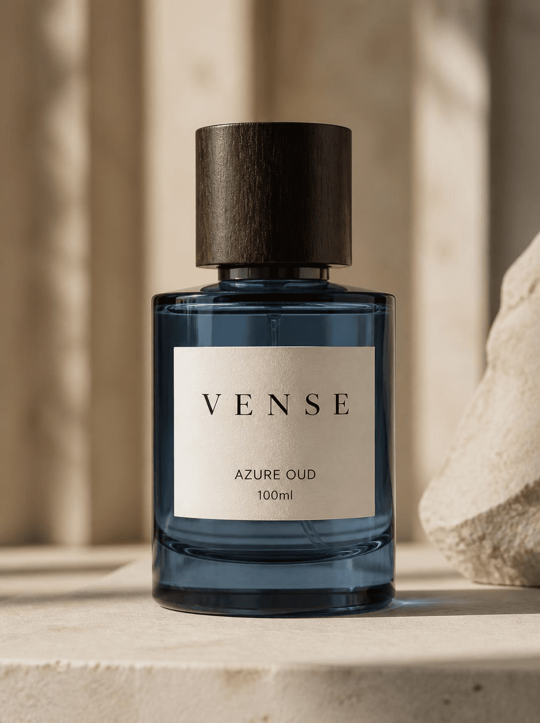 VENSE Azure Oud eau de parfum, smoky blue glass bottle