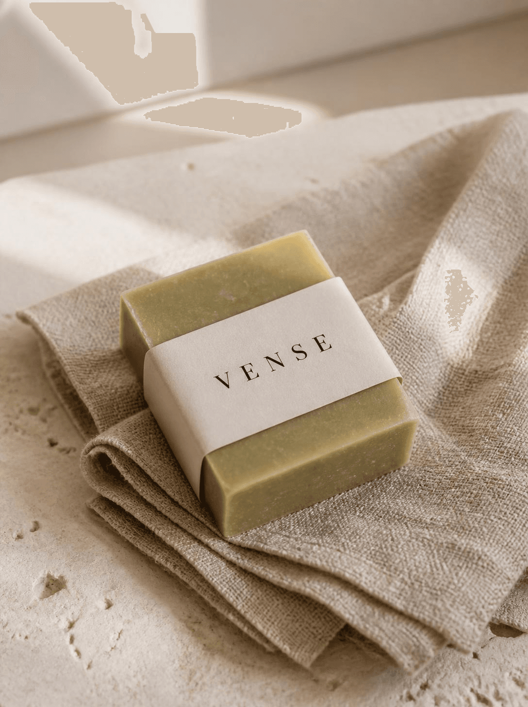 VENSE woody soap bar on raw linen